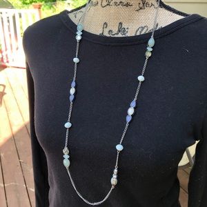 Silver tone long necklace with enameled beads